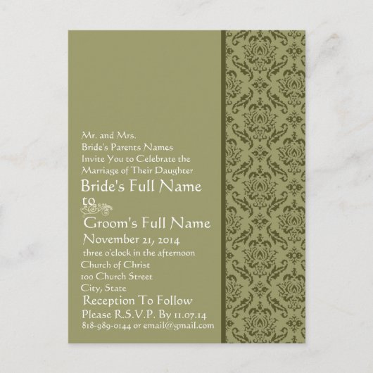 Elegant Olive & White Damask Wedding Invitation Uitnodiging Briefkaart (Voorkant)