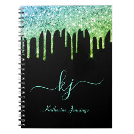 Elegant Ombre Blauwgroen Glitter Drift Monogram Ma Notitieboek