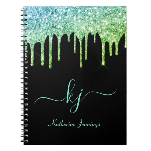 Elegant Ombre Blauwgroen Glitter Drift Monogram Ma Notitieboek (Voorkant)