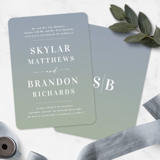 Elegant Ombre Blue & Green Semi Pleal Wedding Kaart