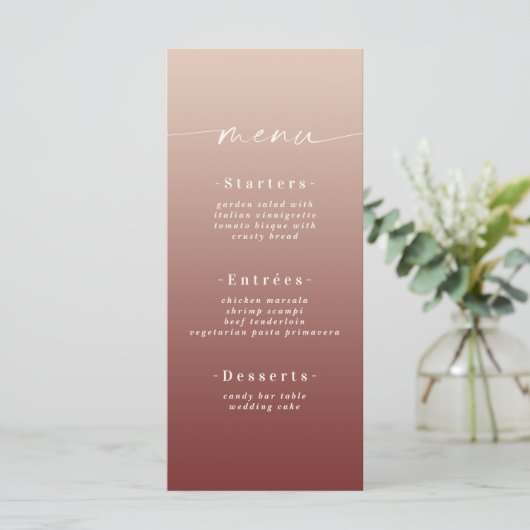 Elegant Ombre Champagne en Cinnamon Red Wedding Menu (Staand voorkant)