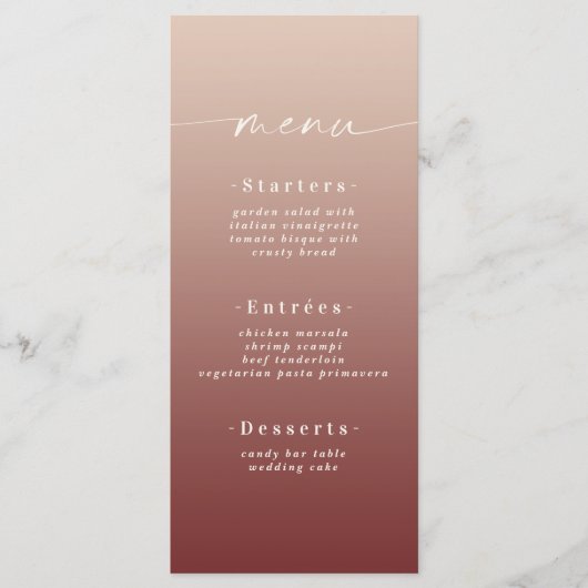 Elegant Ombre Champagne en Cinnamon Red Wedding Menu (Voorkant)