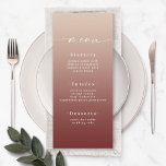 Elegant Ombre Champagne en Cinnamon Red Wedding Menu<br><div class="desc">Elegant Ombre Champagne & Cinnamon Red Wedding Reception Dinner Menus. Deze moderne Kaart van het Menu Chic is eenvoudig klassiek en elegant met een subtiele ombre gradiënt langzaam verdwijnen en een de calligrafiedoopvont van het handtekeningsmanuscript met staarten. Getoond in de nieuwe Colorway. Beschikbaar in verscheidene kleurenopties, of voel vrij om...</div>