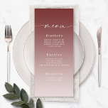 Elegant Ombre Cinnamon Red & Powder Pink Wedding Menu<br><div class="desc">Elegant Ombre Cinnamon Red & Powder Pink Wedding Reception Dinner Menus. Deze moderne Kaart van het Menu van het Kanaal is eenvoudig klassiek en elegant met een subtiele ombre gradiënt langzaam verdwijnen en een de calligrafiedoopvont van het handtekeningsmanuscript met staarten. Getoond in de nieuwe Colorway. Beschikbaar in verscheidene kleurenopties, of...</div>