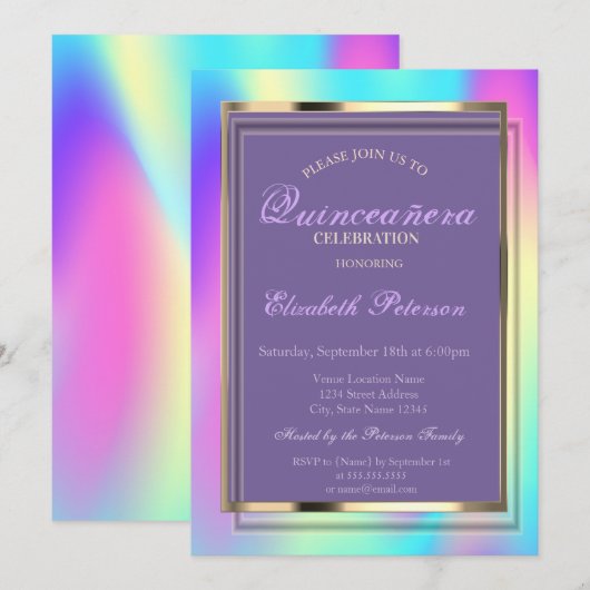 Elegant Ombre Holographic Quinceañera Kaart (Voorkant / Achterkant)