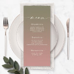 Elegant Ombre Lily Green & Dusty Roos Pink Wedding Menu<br><div class="desc">Elegant Ombre Lily Green & Dusty Roos Pink Wedding Reception Dinner Menus. Deze moderne Kaart van het Menu van het Kanaal is eenvoudig klassiek en elegant met een subtiele ombre gradiënt langzaam verdwijnen en een de calligrafiedoopvont van het handtekeningsmanuscript met staarten. Getoond in de nieuwe Colorway. Beschikbaar in verscheidene kleurenopties,...</div>