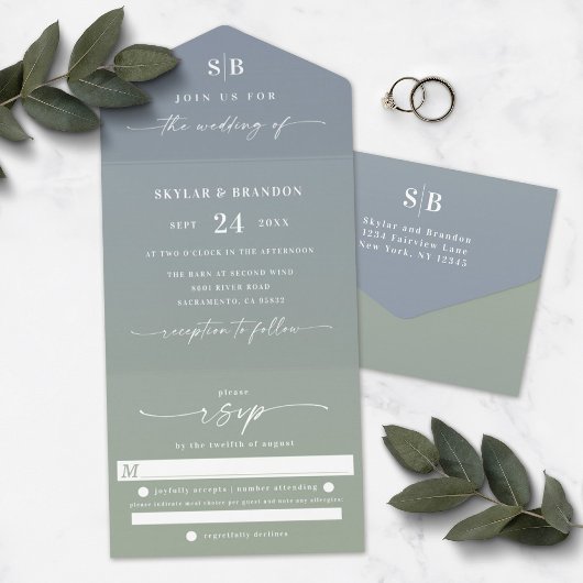 Elegant Ombre Monogram Dusty Blue & Green Wedding All In One Uitnodiging