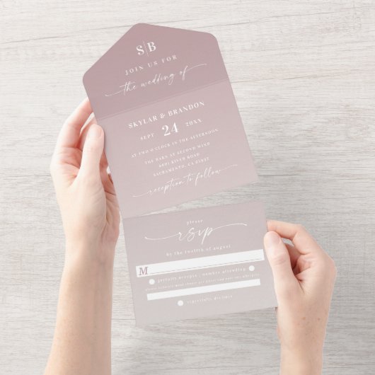 Elegant Ombre Monogram Dusty Mauve & Ivory Wedding All In One Uitnodiging (Afscheurbaar)