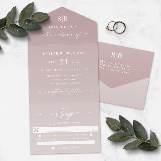 Elegant Ombre Monogram Dusty Mauve & Ivory Wedding All In One Uitnodiging