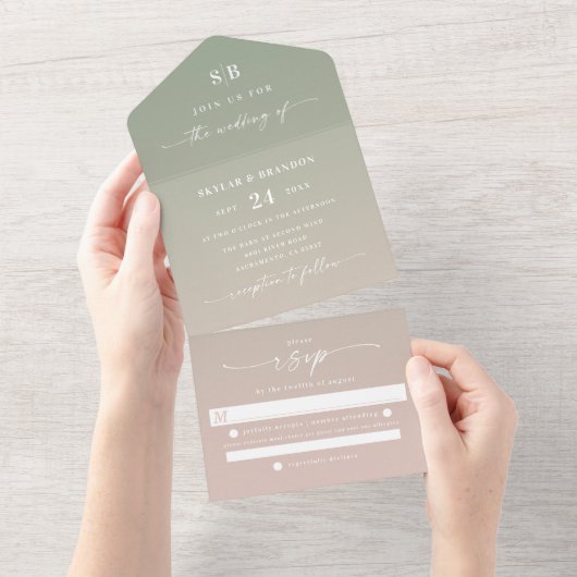 Elegant Ombre Monogram Green & Blush Pink Wedding All In One Uitnodiging (Afscheurbaar)