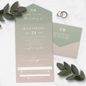 Elegant Ombre Monogram Green & Blush Pink Wedding All In One Uitnodiging