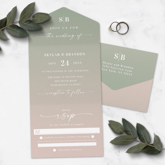 Elegant Ombre Monogram Green & Blush Pink Wedding All In One Uitnodiging