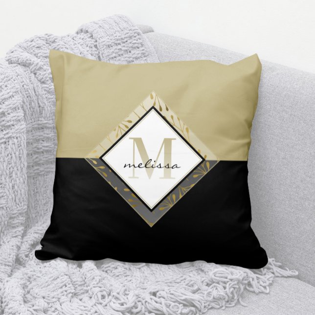 Elegant Ombre Monogram + Naam Black + Tan + Gold Kussen (Elegant Ombre Monogram Throw Pillow with Any Name )