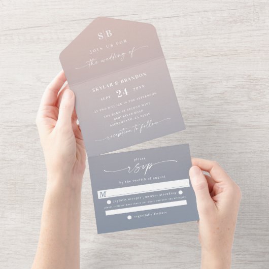 Elegant Ombre Monogram Pink & Dusty Blue Wedding All In One Uitnodiging (Afscheurbaar)