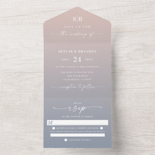 Elegant Ombre Monogram Pink & Dusty Blue Wedding All In One Uitnodiging (Binnen)