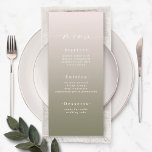 Elegant Ombre Powder Pink & Lily Green Wedding Menu<br><div class="desc">Elegant Ombre Powder Pink & Lily Green Wedding Reception Dinner Menus. Deze moderne Kaart van het Menu van het Kanaal is eenvoudig klassiek en elegant met een subtiele ombre gradiënt langzaam verdwijnen en een de calligrafiedoopvont van het handtekeningsmanuscript met staarten. Getoond in de nieuwe Colorway. Beschikbaar in verscheidene kleurenopties, of...</div>