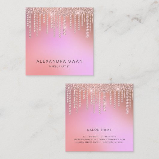 Elegant ombre roze en paarse diamanten make-up kun vierkante visitekaartje (Voorkant / Achterkant)
