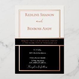 Elegant omlijst ivoor & zwart design gouden roos folie uitnodiging