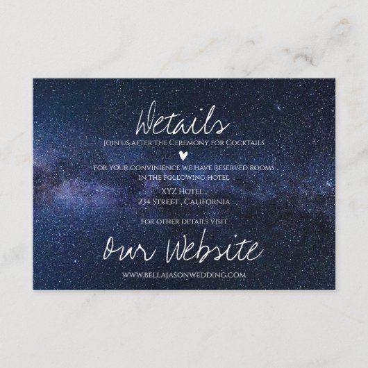 Elegant onder de sterren nacht hemel bruiloft deta informatiekaartje (Voorkant)