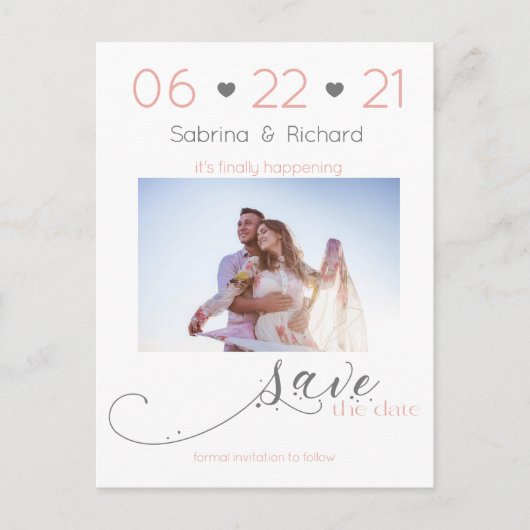 Elegant One Photo Minimalist Blush Save the Date Briefkaart (Voorkant)