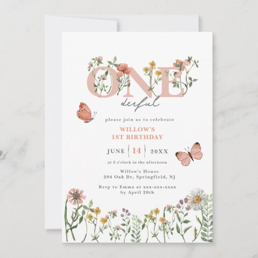 Elegant Onederful Wildflower 1e verjaardag Kaart (Voorkant)