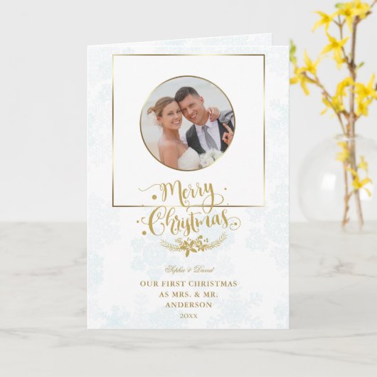 Elegant ons eerste kerstfeest als Mr. & Mrs Foto Kaart (Gele Bloem)
