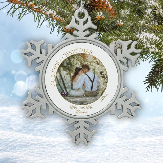 Elegant ons eerste kerstfeest als Mrs. & Mr Foto O Tin Sneeuwvlok Ornament