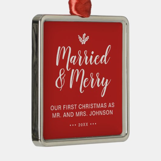 Elegant Ons eerste kersthuwelijk en Merry Red Metalen Ornament (Rechts)