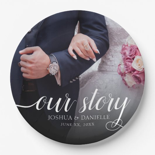 Elegant Ons Verhaal Foto Bruiloft Handgeschreven Papieren Bordje (Voorkant)