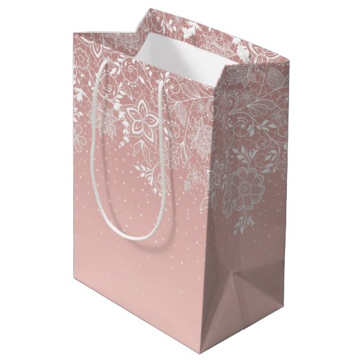 Elegant ontwerp van de witte kant florale en confe medium cadeauzakje (Achterkant Gekanteld)