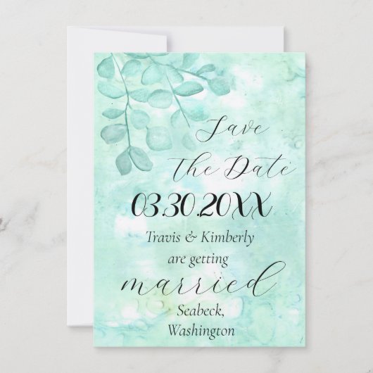 Elegant ontwerp van eucalyptus in zachte greens save the date (Voorkant)