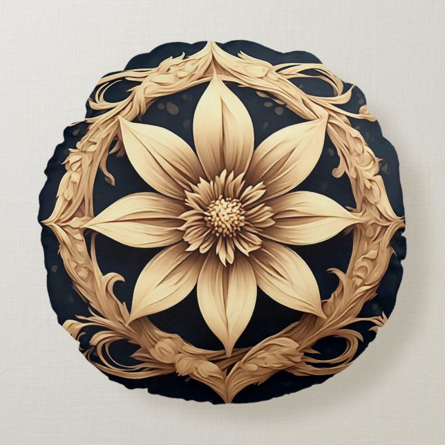 Elegant Ontwerp van Gouden Bloem Rond Kussen (Voorkant)