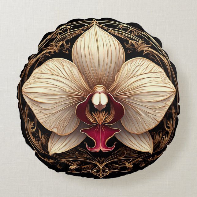 Elegant Ontwerp van Gouden Orchidee Rond Kussen (Voorkant)