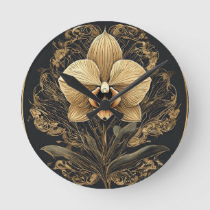 Elegant Ontwerp van Gouden Orchidee Ronde Klok