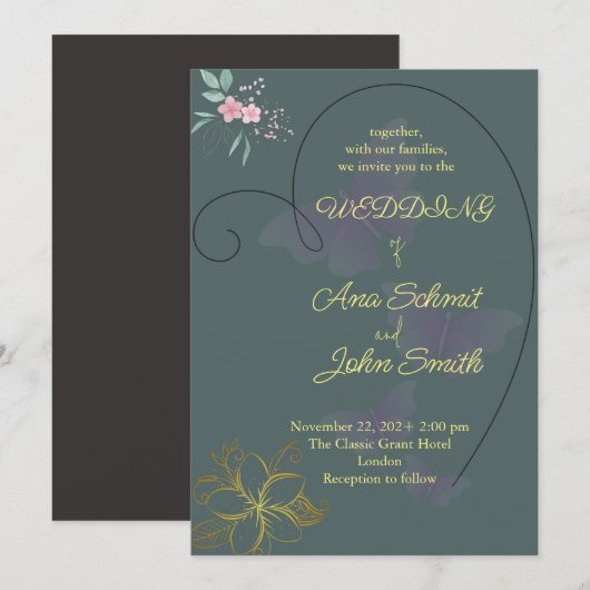 Elegant ontwerp voor florale en hartbruiloft kaart (Voorkant / Achterkant)