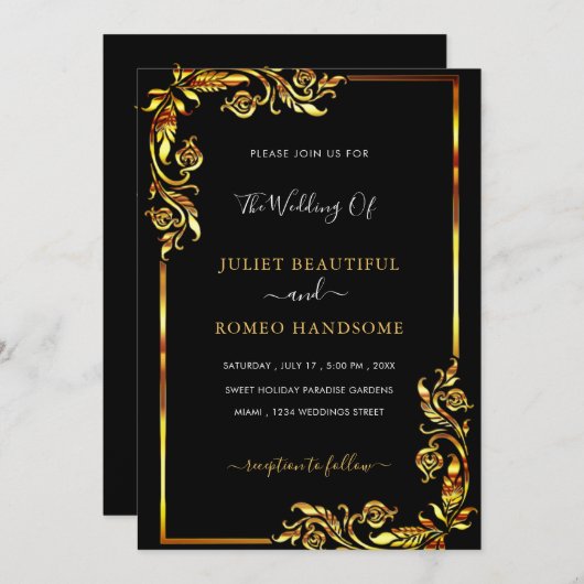Elegant Ontwerp Zwart Goud Bruiloft Uitnodiging (Voorkant / Achterkant)