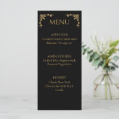 Elegant Onyx Black and Gold Flourish Wedding Menu (Staand voorkant)