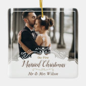 Elegant Onze 1e getrouwde kerst één foto Keramisch Ornament (Voorkant)