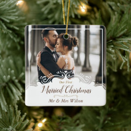 Elegant Onze 1e Kerstmis als Echtpaar Eén Foto Keramisch Ornament