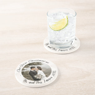 Elegant Onze Eerste Kerst bruiloft foto Onderzette Zandsteen Onderzetter