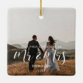 Elegant Onze eerste kersttrouwfoto Keramisch Ornament (Achterkant)