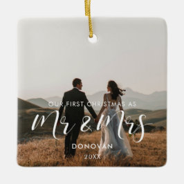 Elegant Onze eerste kersttrouwfoto Keramisch Ornament