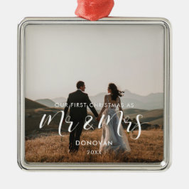 Elegant Onze eerste kersttrouwfoto Metalen Ornament