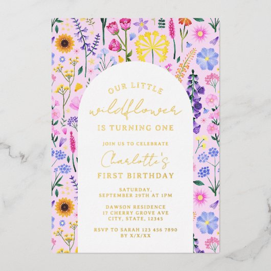 Elegant onze kleine wilde bloemenmeisjes eerste ve folie uitnodiging (Voorkant)