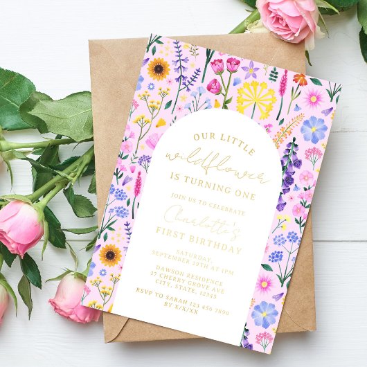 Elegant onze kleine wilde bloemenmeisjes eerste ve folie uitnodiging