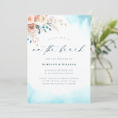 Elegant op het strand Blauwe Waterverf bruiloft Kaart (Staand voorkant)