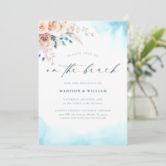 Elegant op het strand Blauwe Waterverf bruiloft Kaart (Staand voorkant)