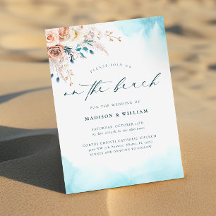 Elegant op het strand Blauwe Waterverf bruiloft Kaart