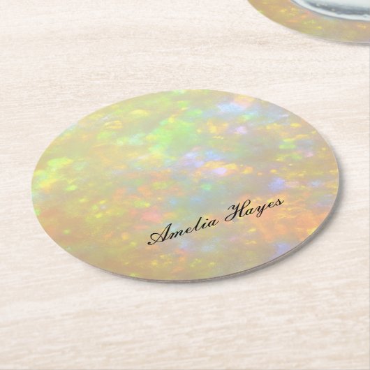 Elegant Opal Stone Texture Modern Script Custom Ronde Kartonnen Onderzetter (Gebogen)