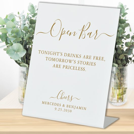 Elegant Open Bar Gold Script Persoonlijk Weddensch Reclamebord Met Voetstuk